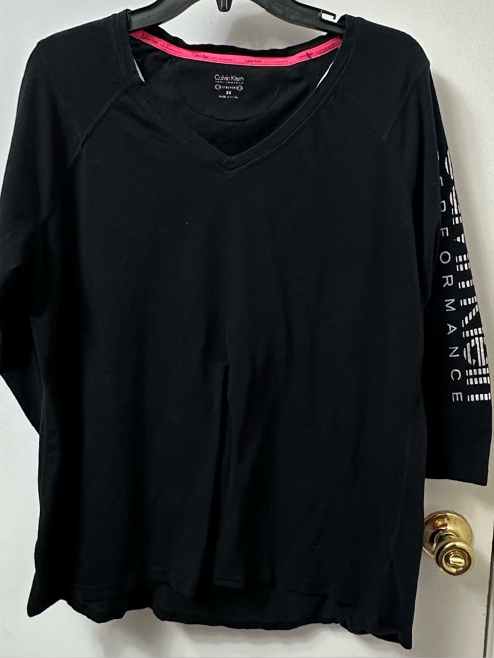 Calvin Klein Black V-Neck Long Sleeve Top with Pink Trim